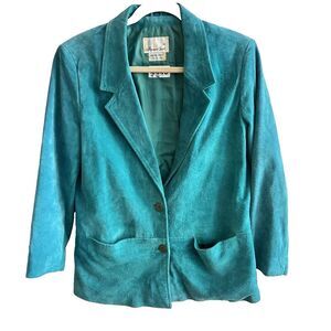 Vtg Herman Geist Suede Teal Blazer 2 Button Front Womens 10 Leather Lined EUC